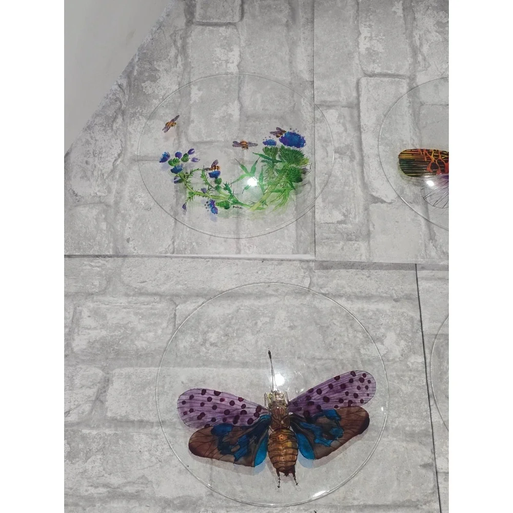 Hand painted‎ Signed Glass Salad Dessert Plates Reverse Floral Entomologist